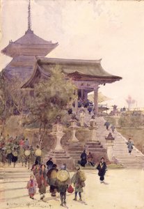 De ingang van de Tempel van Kiyomizu-Dera, Kyoto, met pelgrims die omhoog gaan